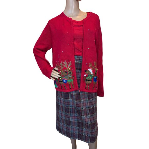 Vintage Ugly Christmas Sweater SZ Large Granny Zip Up Cardigan Knit Holiday Red - Picture 5 of 16